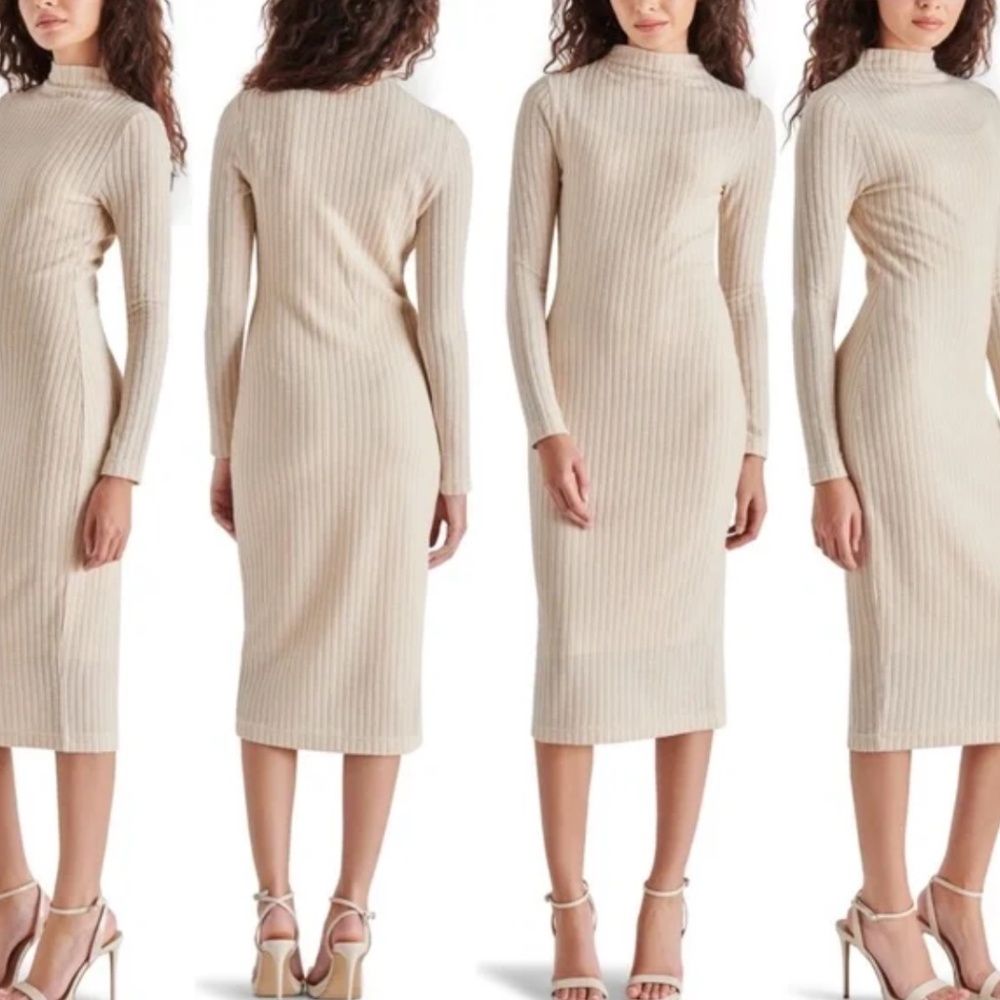 Steve Madden Neutral Beige Mockneck Midi Knit Sweater Dress